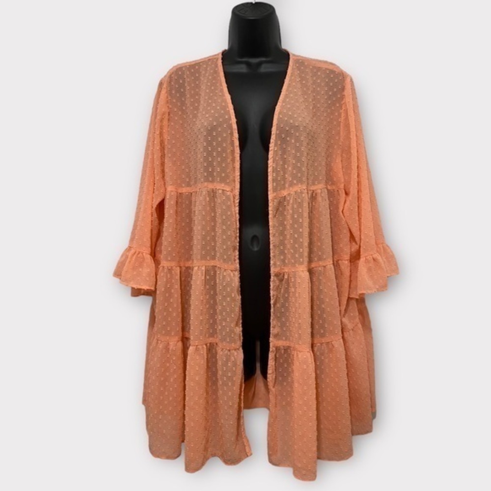 Cato Peach Sheer Swiss Dot 3/4 Mini Bell Sleeve Open Front Cardigan Size Medium